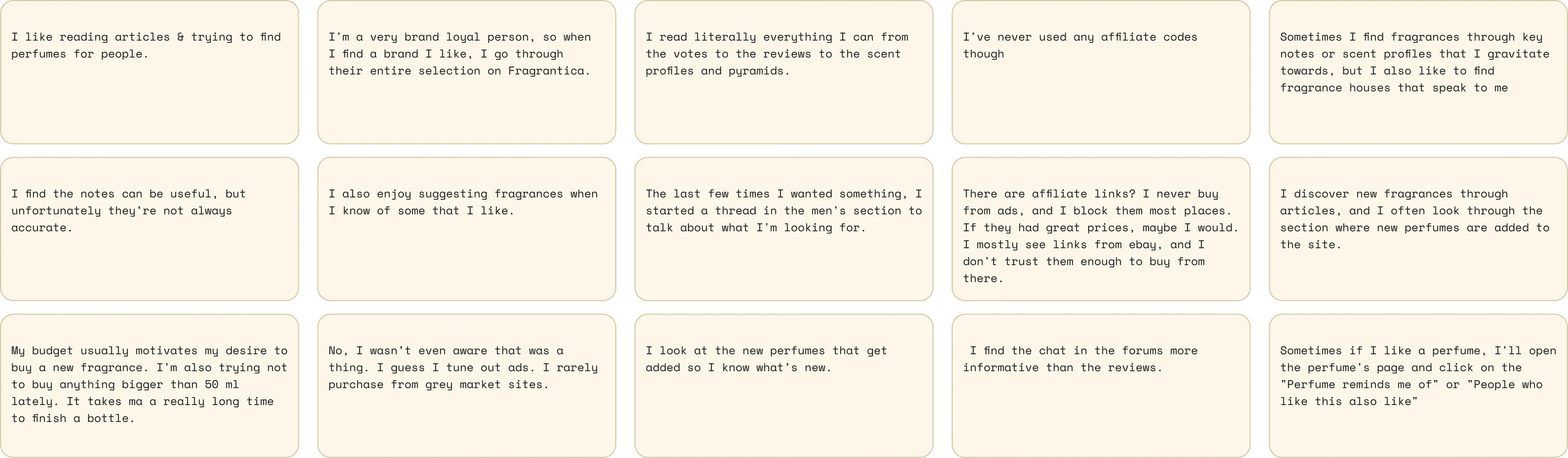 A board of participant quotes describing article-led discovery, note-based searching, forum use, and distrust of affiliate links.