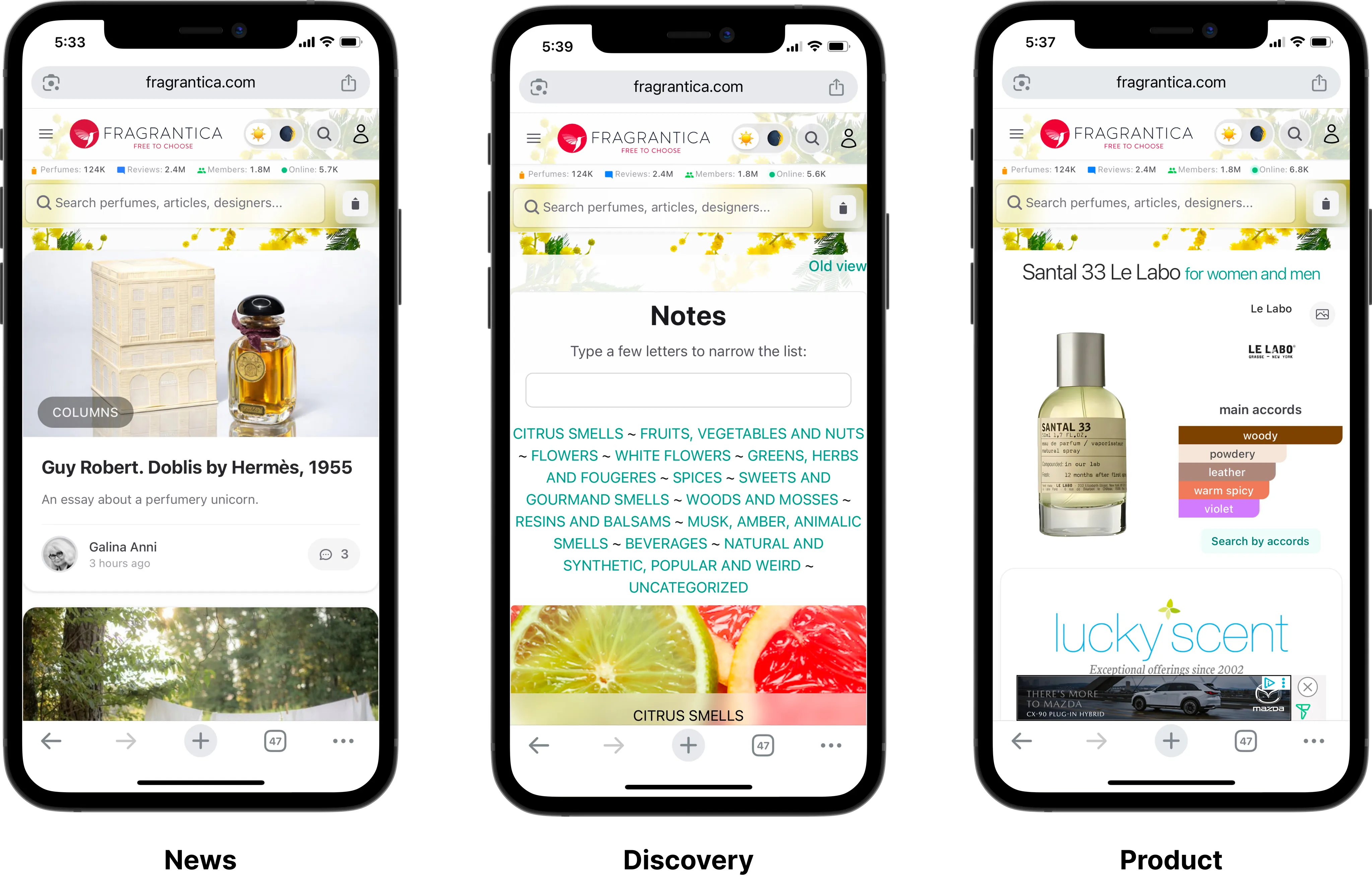 Three mobile screenshots of the current Fragrantica experience showing the homepage, notes page, and product page.